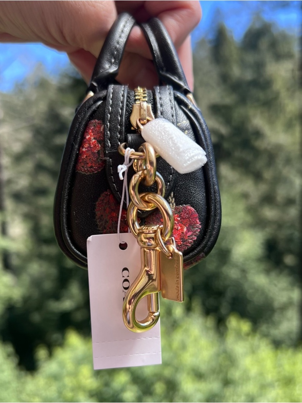 COACH Mini Rowan Bag Charm Black Multi w Sequin Cherry Print & Gold Hardware NWT - Picture 4 of 7